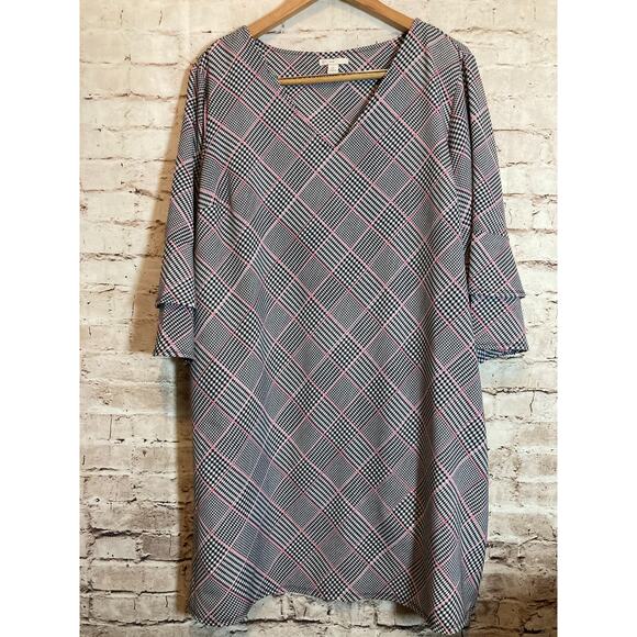 Cato Dress Womens XL Shift Black & Pink Houndstooth Print Ruffle Bell Sleeve - Picture 1 of 14